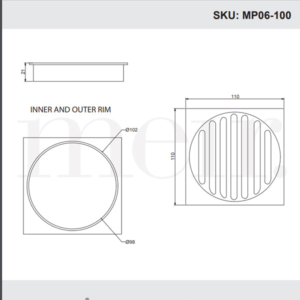 Meir Square Floor Grate Shower Drain 100mm Outlet - Champagne