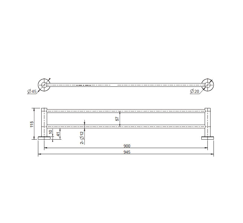 Technical Drawing: Mirage Double Towel Rail Matte Black 900