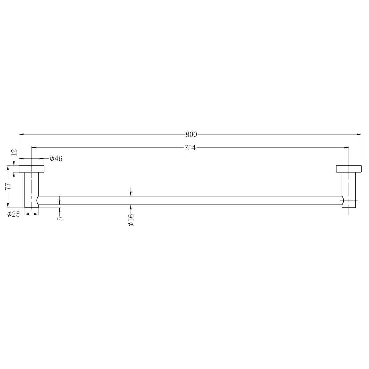Technical Drawing: Nero Mecca Single Towel Rail 800mm Matte Black
