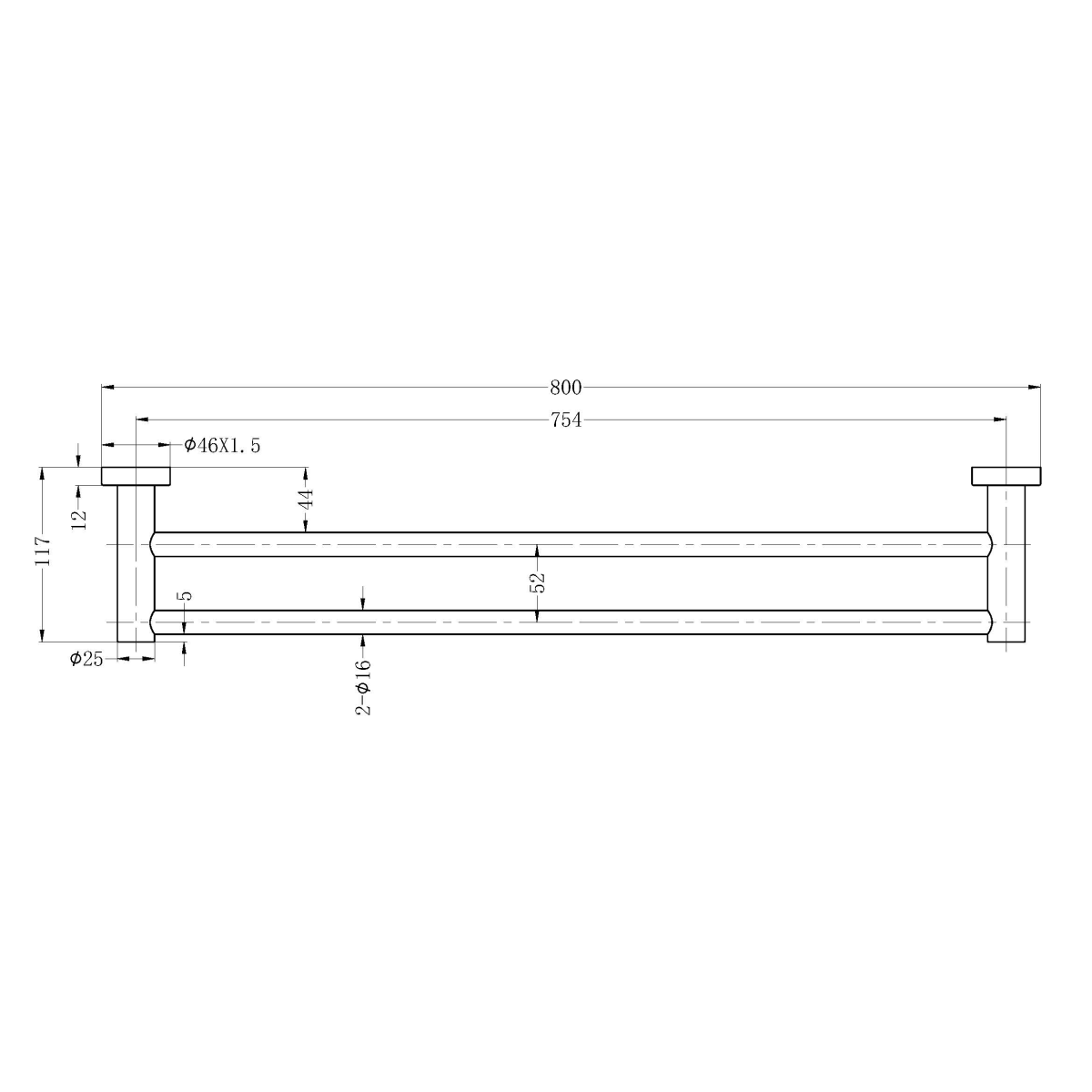 Technical Drawing: Nero Mecca Double Towel Rail 800mm Brushed Gold