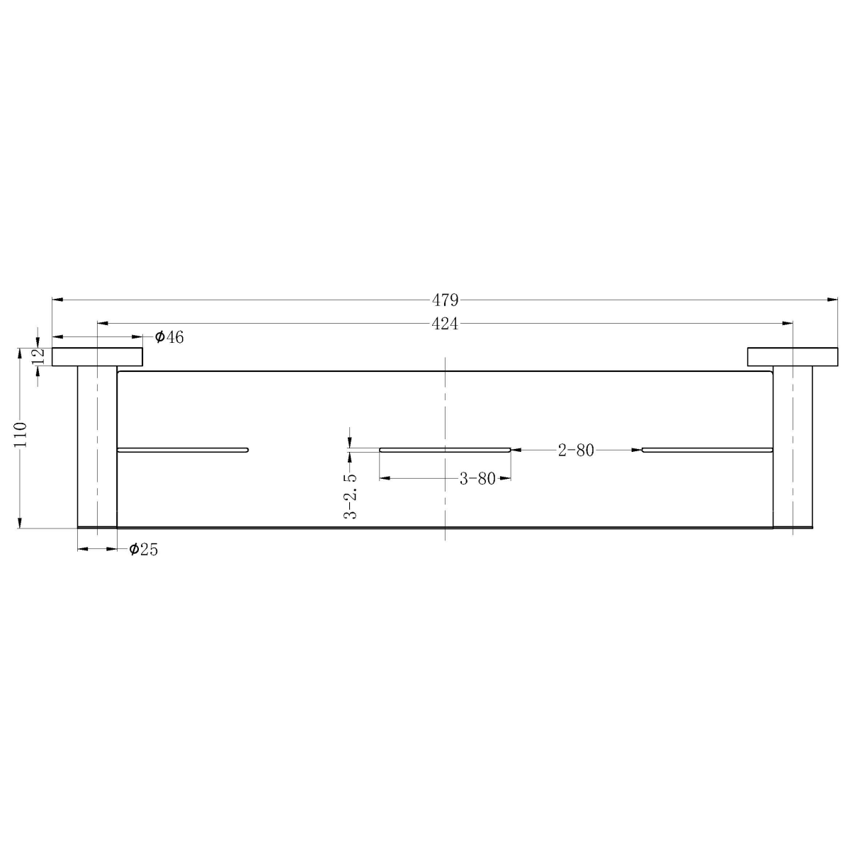 Technical Drawing: Nero Mecca Metal Shower Shelf Brushed Gold
