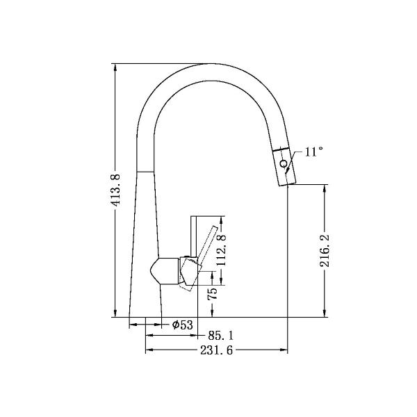 Technical Drawing: Nero Dolce Pull Out Sink Mixer with Vegie Spray Matte Black