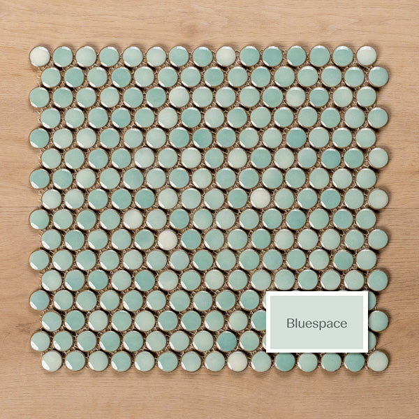 Sample of Mooloolaba Gloss Mint Porcelain Penny Round Mosaic Tile - The Blue Space