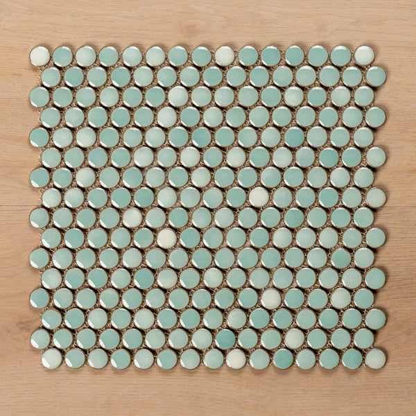 Sample of Mooloolaba Gloss Mint Porcelain Penny Round Mosaic Tile - The Blue Space