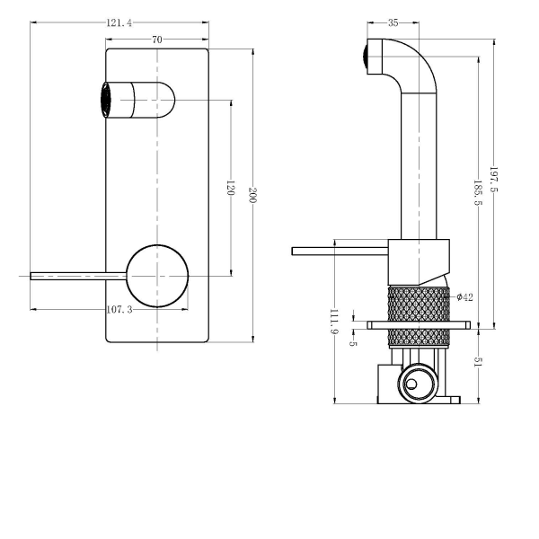 Technical Drawing: Nero Opal Wall Basin/Bath Mixer Brushed Bronze