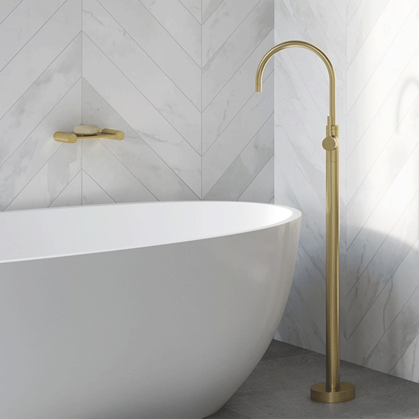 Phoenix Vivid Slimline Oval Floor Mounted Bath Mixer-Brushed Gold