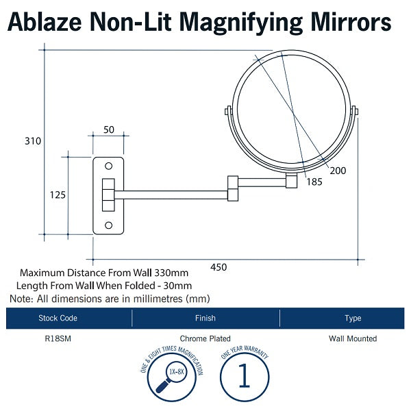 Thermogroup Ablaze Magnifying Mirror 1x & 8x Mag - Chrome