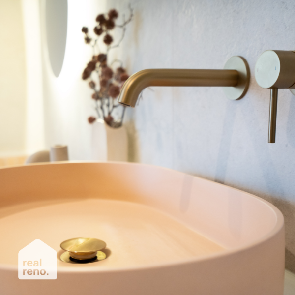 Caroma Liano II 175mm Wall Basin/Bath Mixer Set Brushed Brass - The Blue Space Real Reno