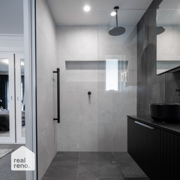 Thermogroup Straight Round Vertical Single Bar Heated Towel Rail Matte Black as seen on The Block badge - The Blue Space Real Reno