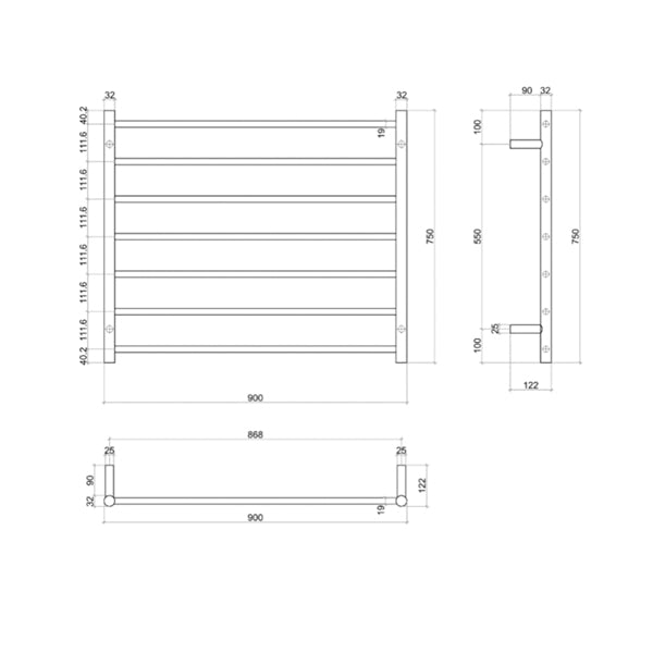 Thermogroup 7 Bar Thermorail Heated Towel Ladder 900mm