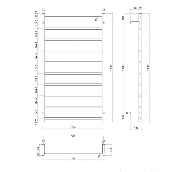 Thermogroup 10 Bar Thermorail Heated Towel Ladder 700mm Brushed Stainless