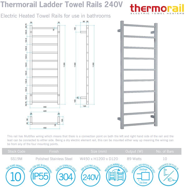 Thermogroup Thermorail 10 Bar Square Heated Rail 450w x 1200h - Polished SS