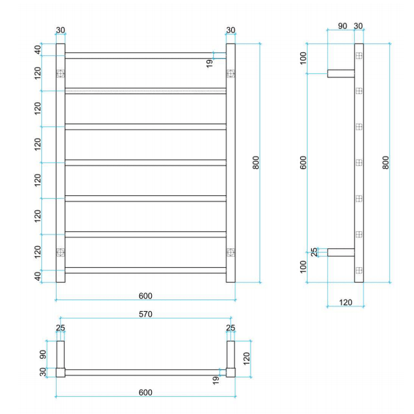 Thermogroup Straight Square Ladder Heated Towel Rail 600mm