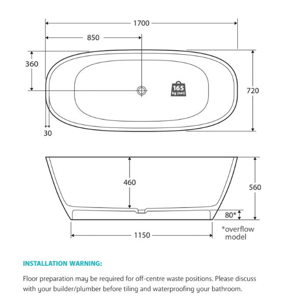 Fienza Marissa Matte White Stone Freestanding Bath 1700mm