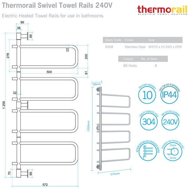 Thermogroup Thermorail 8 Bar Round Swivel Heated Towel Ladder 570w x 1260h - Polished SS
