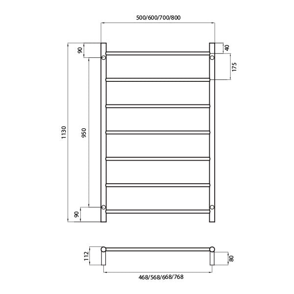 Radiant Round 7 Bar Non-Heated Rail 500mmx1130mm Polished Stainless Steel