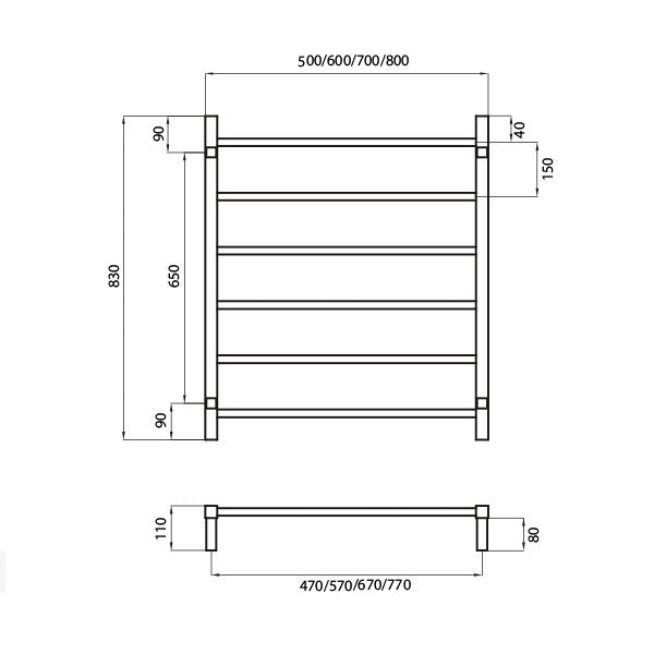 Radiant Square 6 bar Non-Heated Rail 600mmx830mm Polished Stainless Steel