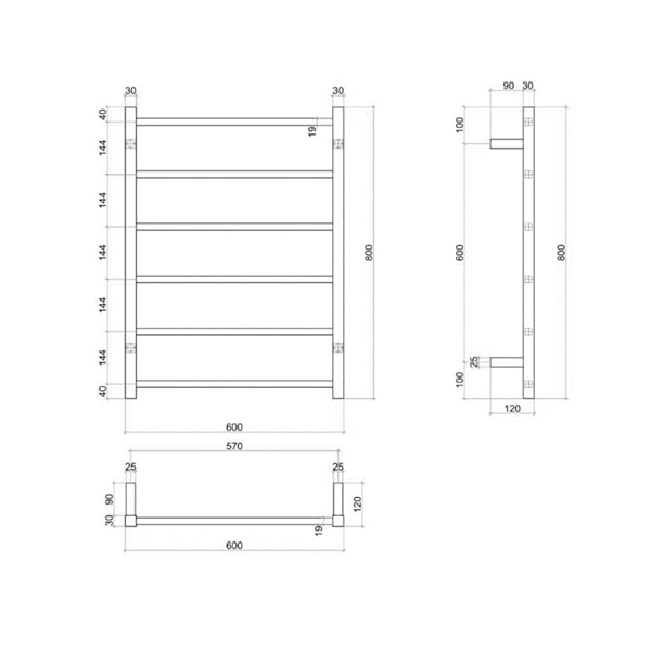 Thermogroup 6 Bar Thermorail Matte Black Straight Square Heated Towel Ladder 600mm