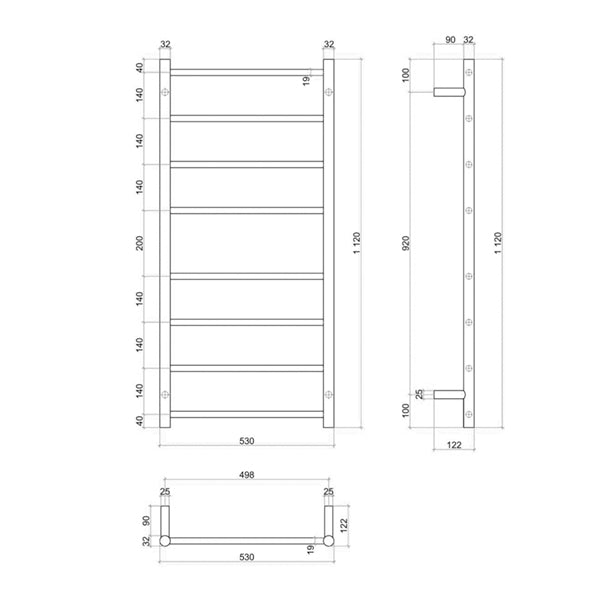 Thermogroup 8 Bar Thermorail Heated Towel Ladder 530mm