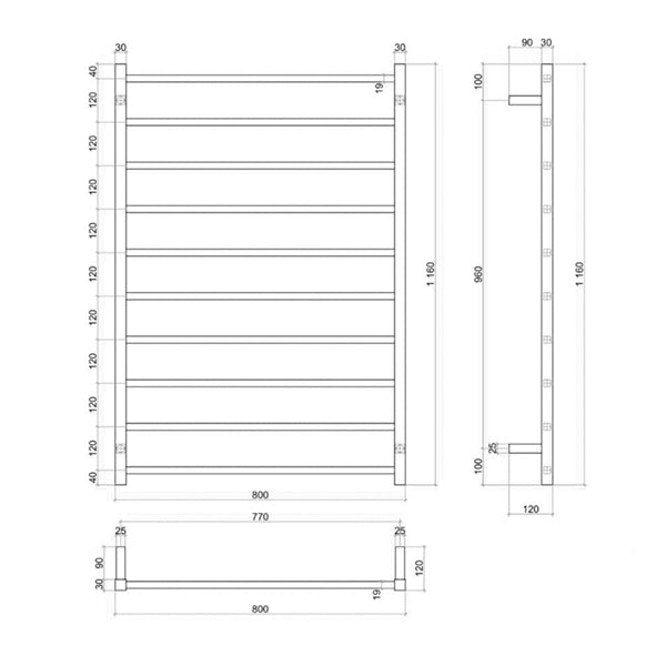Thermogroup Wide 10 Bar Thermorail Matte Black Straight Square Heated Towel Ladder 800mm