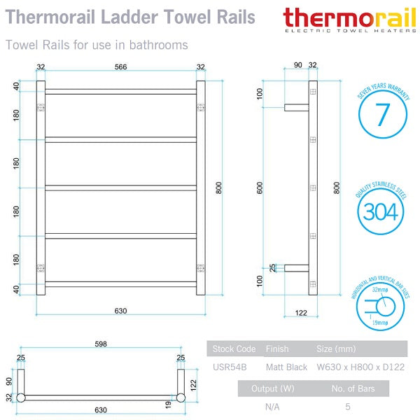 Thermogroup Thermorail Non Heated Round 5 Bar 630x800 - Black