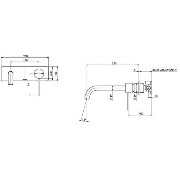 Phoenix Vivid Slimline Wall Basin/Bath Set 230mm Curved-Brushed Gold - Technical Drawing - The Blue Space