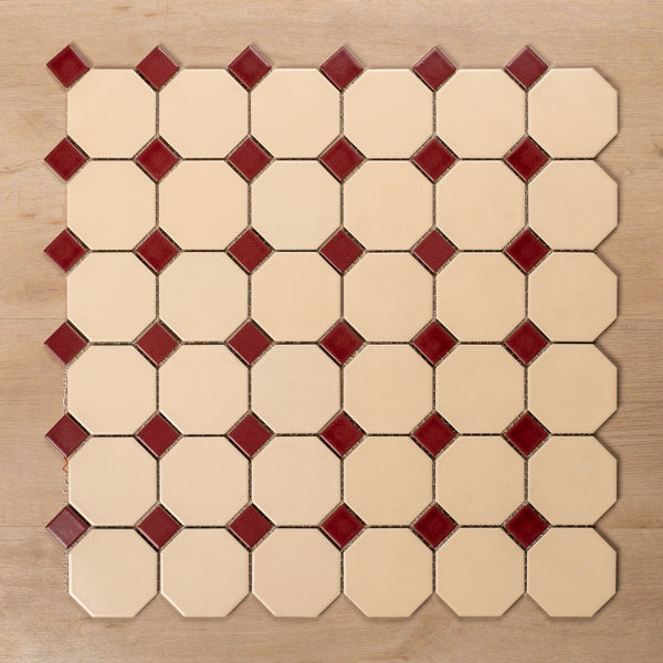 St Kilda Matt Cream Octagon with Burgundy Dot Porcelain Period Mosaic Tile 97x97mm