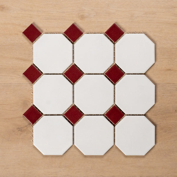 St Kilda Matt White Octagon with Burgundy Dot Porcelain Period Mosaic Tile 97x97mm