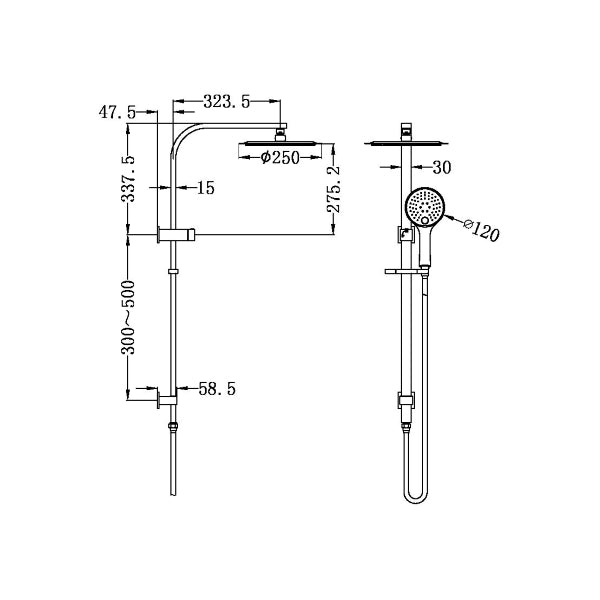 Technical Drawing: Nero Mecca/Bianca Round Shower Set Matte Black