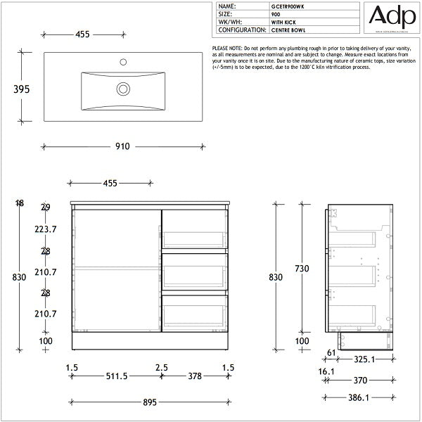 ADP Glacier Lite Ceramic Top Ensuite Trio Vanity