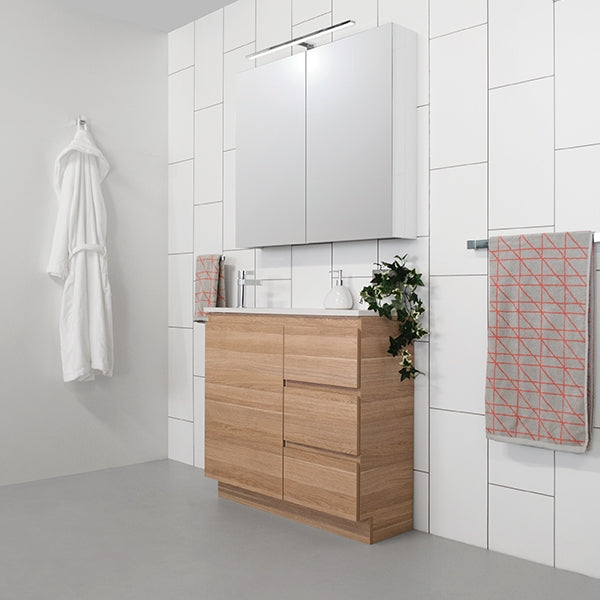ADP Glacier Lite Ensuite Door & Drawer Trio 900mm Left Bowl vanity with ADP Glacier Mirror Cabinet and Daylight Overhead Light - The Blue Space