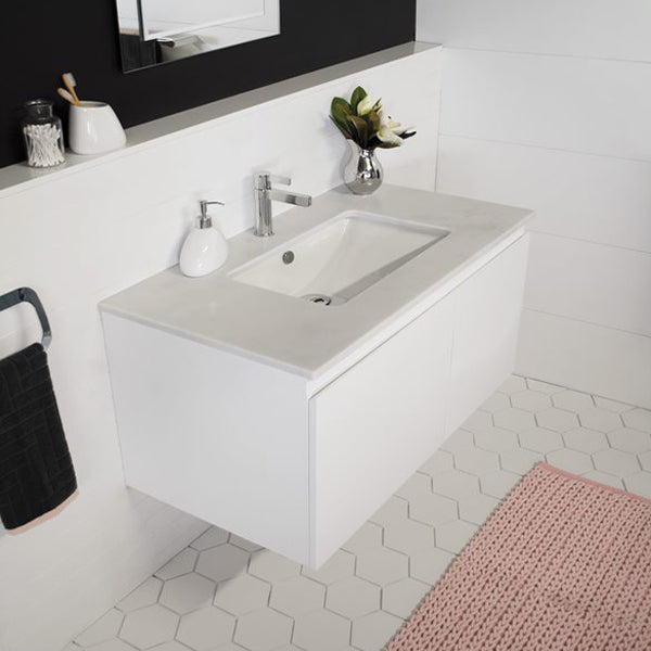 Cabinet: ADP Glacier Lite All Door Slim 900mm Centre Bowl vanity  Benchtop: Cherry Pie Frost  Cabinet finish: Polar White Silk  Handles: Bevel-Grip Finger Pull  Basin: ADP Scoop Undermount Basin