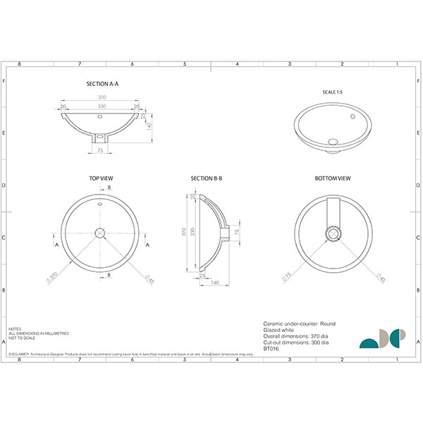 ADP Round 370 x 370 Under Counter Basin White