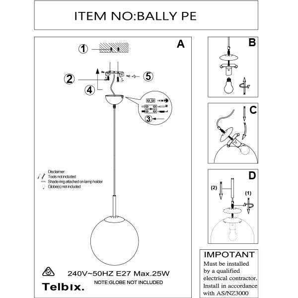 Telbix Bally E27 20cm Pendant Nickel