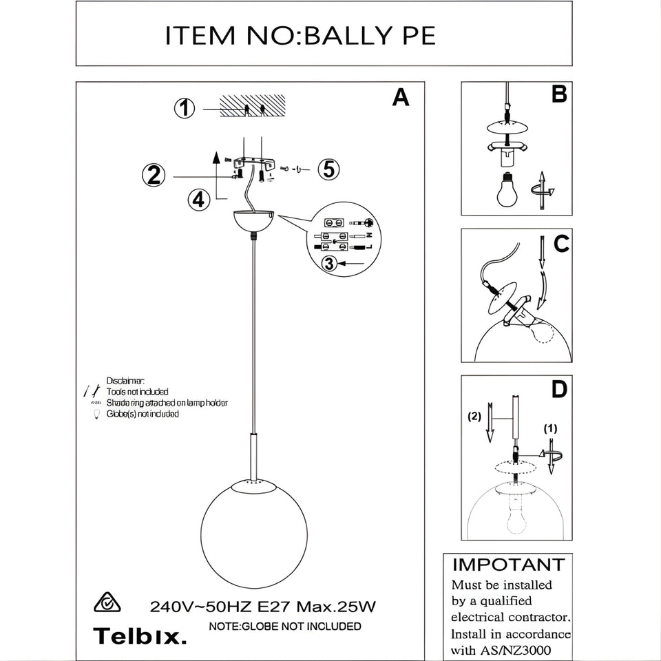 Telbix Bally E27 20cm Pendant Black