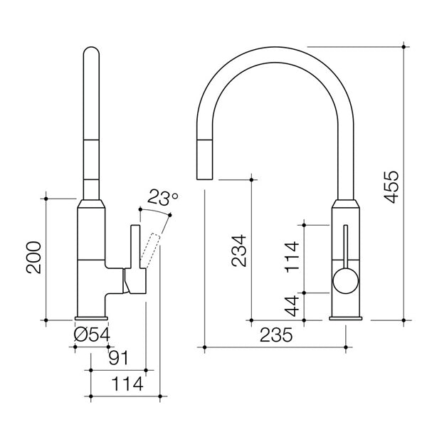 Dorf Vixen Retractable Sink Mixer White - the blue space - specs - line drawing and dimensions