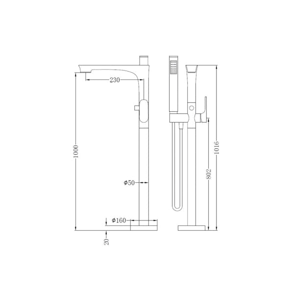Technical Drawing: Nero Freestanding Bath Mixer