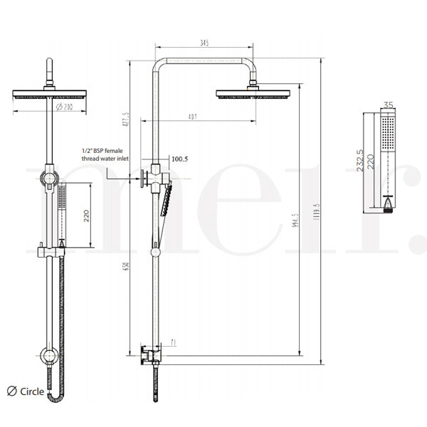 Meir Round Combination Shower Rail 200mm Rose & Hand Shower - Matte Black