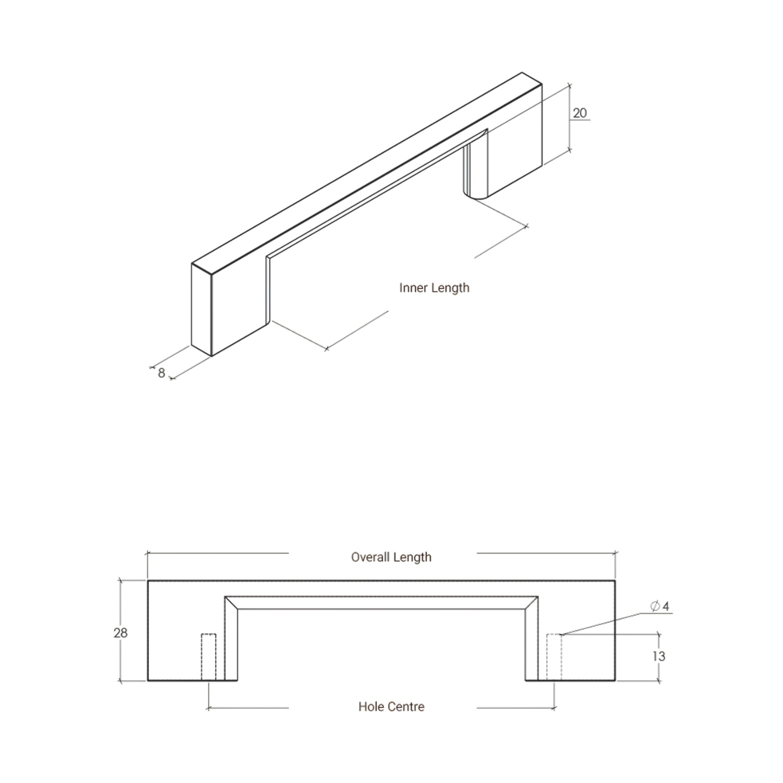 Line Drawing Momo Handles Livorno D Handle Brushed Matt Brass M3163.320.BMB - The Blue Space