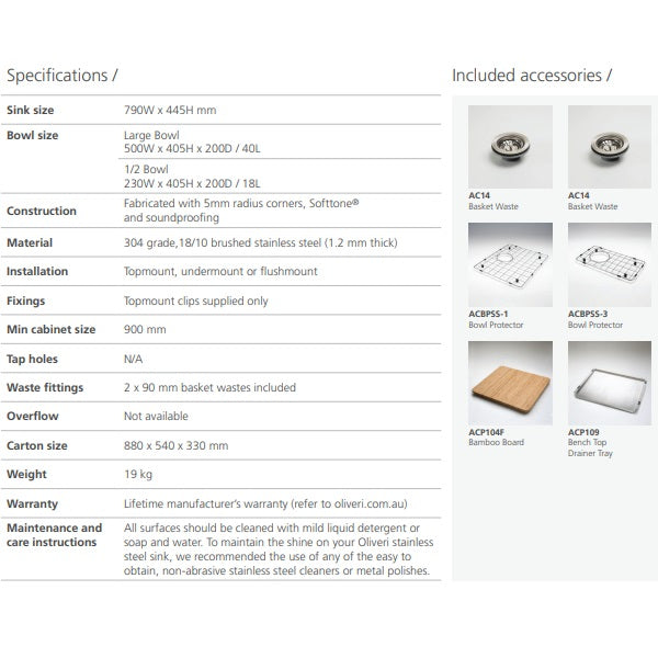 Oliveri Spectra 1 & 1/2 bowl stainless sink NTH
