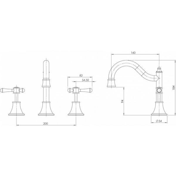 Phoenix Nostalgia Lever Basin Set Shepherds Crook -specs - line drawing and dimensions 