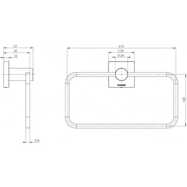 Phoenix Radii Hand Towel Holder Square Plate Brushed Nickel Technical Drawing - The Blue Space