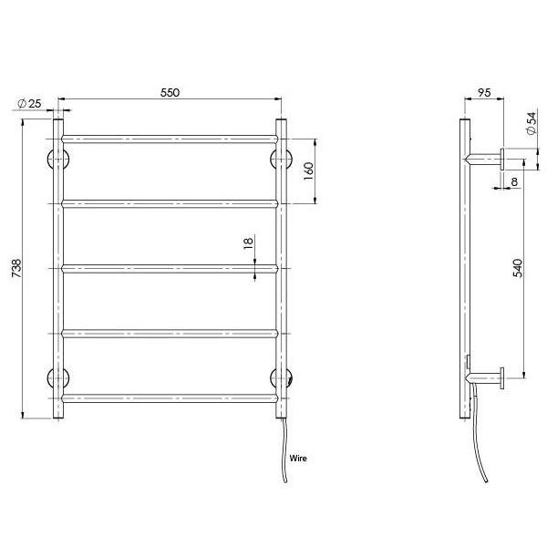 Phoenix Radii Heated Towel Ladder 550mm Round Plate - Brushed Nickel