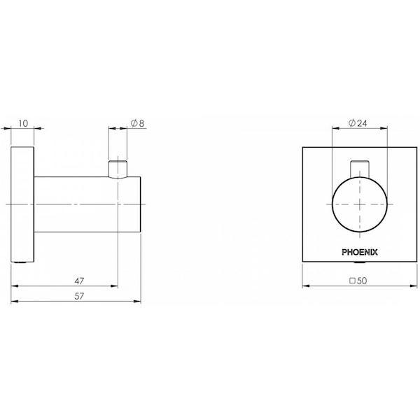 Phoenix Radii Robe Hook Square Plate Brushed Nickel Technical Drawing - The Blue Space