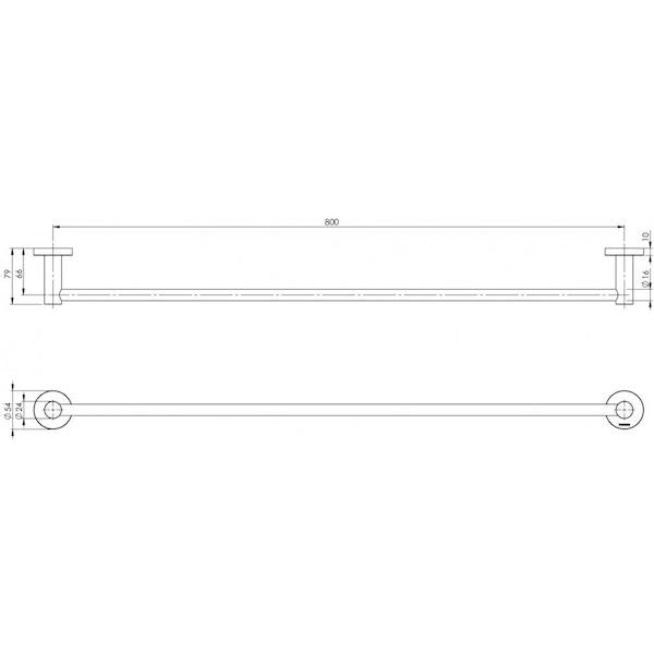 Phoenix Radii Single Towel Rail Round Plate 800mm Matte Black Technical Drawing - The Blue Space