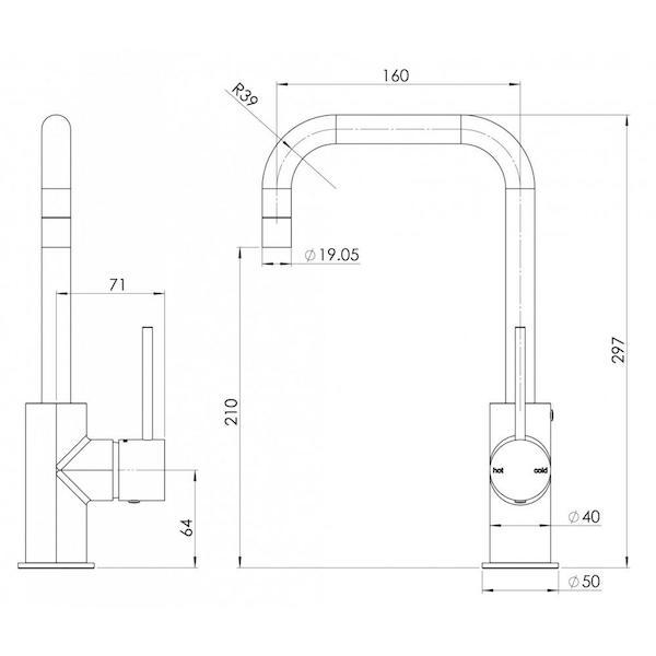 Phoenix Vivid Slimline Side Lever Sink Mixer 160mm Squareline-Matte Black - specs - line drawing and dimensions
