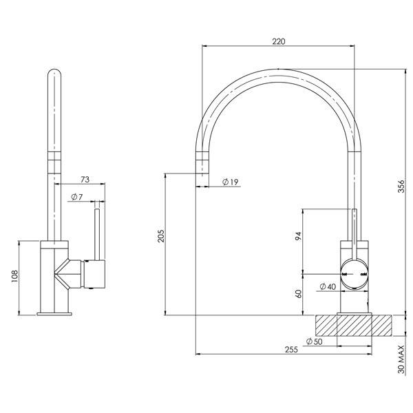 Phoenix Vivid Slimline Side Lever Sink Mixer 220mm Gooseneck-Chrome - specs - line drawing and dimensions
