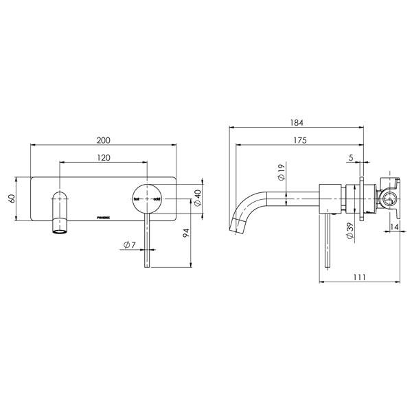 Phoenix Vivid Slimline Wall Basin Set 180mm Curved-Gun Metal specs- line drawing and dimensions 