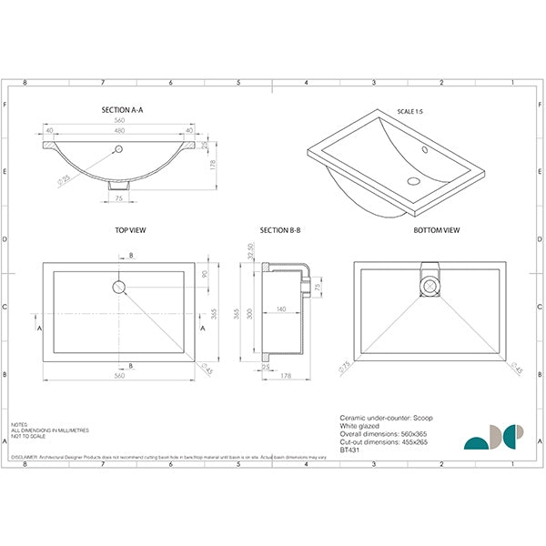 ADP Scoop 560 x 360 Under Counter Basin White