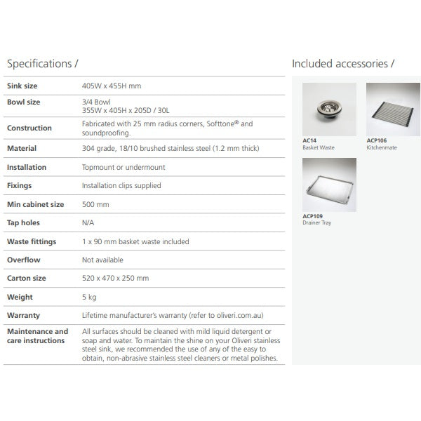 Oliveri Sonetto standard bowl universal sink NTH